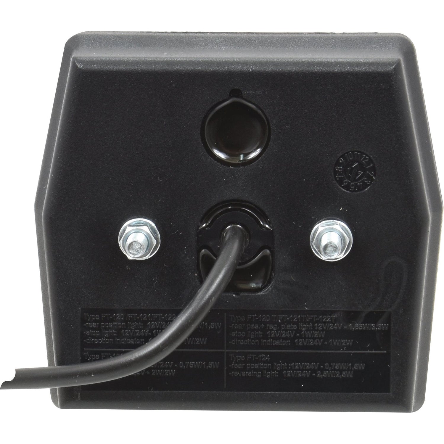 Close-up view of the back of a Sparex LED Front Combination Light, 12-36V (RH & LH) - S.143054, in black, featuring a cable plugged into the center and two screws on either side, suitable for various setups.