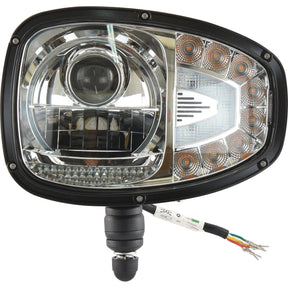 Close-up of the Sparex LED Head Light, featuring a black frame, intricate internal components, and multiple wires extending from the base. This Class 3 LH (LH Dip) headlight emits 1200 - 1290 lumens raw and operates within a voltage range of 10-30V. Perfect for those seeking detailed manufacturing information.
