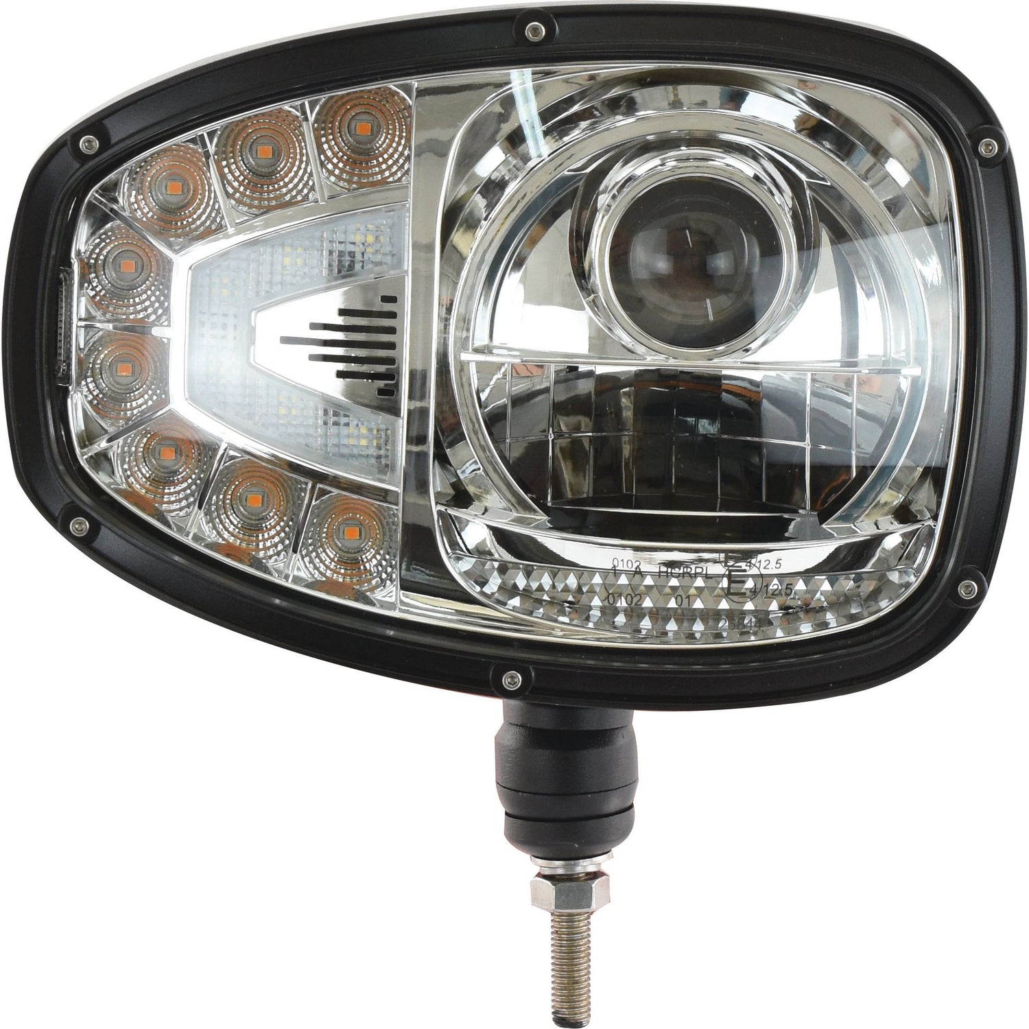 Close-up of the Sparex rectangular LED Head Light, featuring Class 3 interference and a clear lens. This headlight, with specifications ranging from 1200 to 1290 lumens raw at 10-30V (RH dip), is suitable for various vehicle models and is attached to a mounting bolt at the bottom. For more information, please refer to the manufacturer’s specifications.