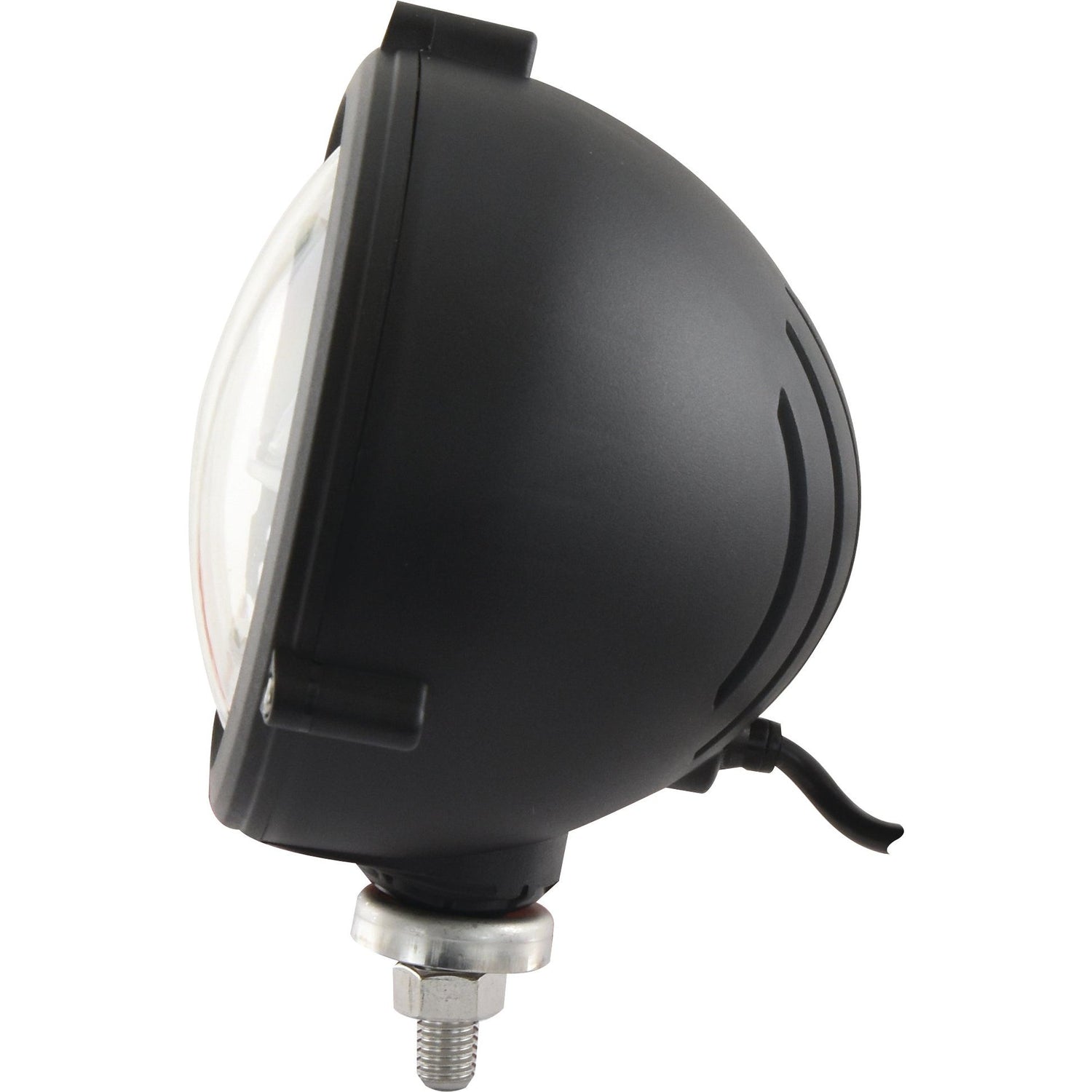 Side view of the Sparex LED Head Light, a black, dome-shaped vehicle light with a clear lens mounted on a threaded screw base. Suitable for various vehicles, this light is both durable and reliable.