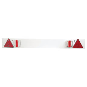 The Sparex LED Lighting Board, S.25385, is a white rectangular panel with red triangular reflectors and small red and white squares attached at each side, featuring an LED light source. It functions as a brake, tail, indicator, and number plate light for 12V systems.