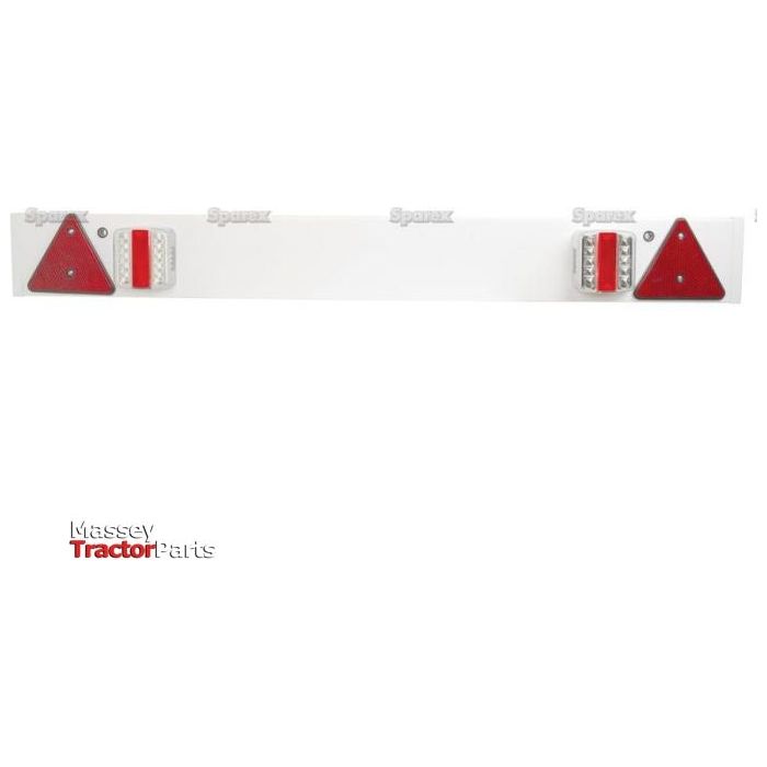 The Sparex LED Lighting Board, a rectangular metal bar featuring two red triangular reflectors, two red and white LED lights for brake, tail, indicator, and number plate functions (12V - S.25386), also includes a 7 Pin Plug. The Massey Tractor Parts logo is visible in the bottom left corner.