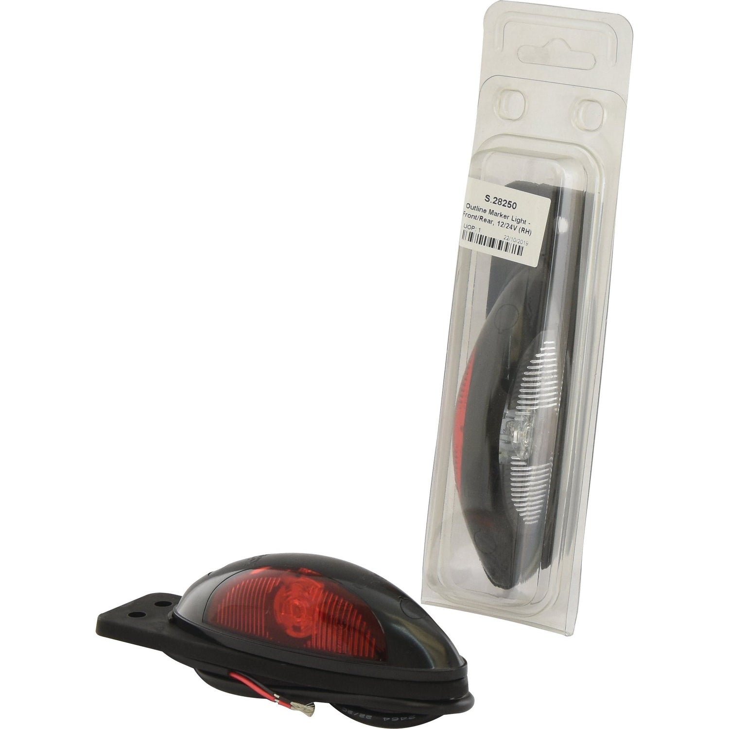 A red and clear LED Outline Front/Rear Facing Marker Light, 12/24V (S.28250) from Sparex is shown. On the left, the light is unattached, and on the right, it is packaged in a plastic blister pack. Suitable for various models, this high-quality product comes with detailed product specifications for easy installation.