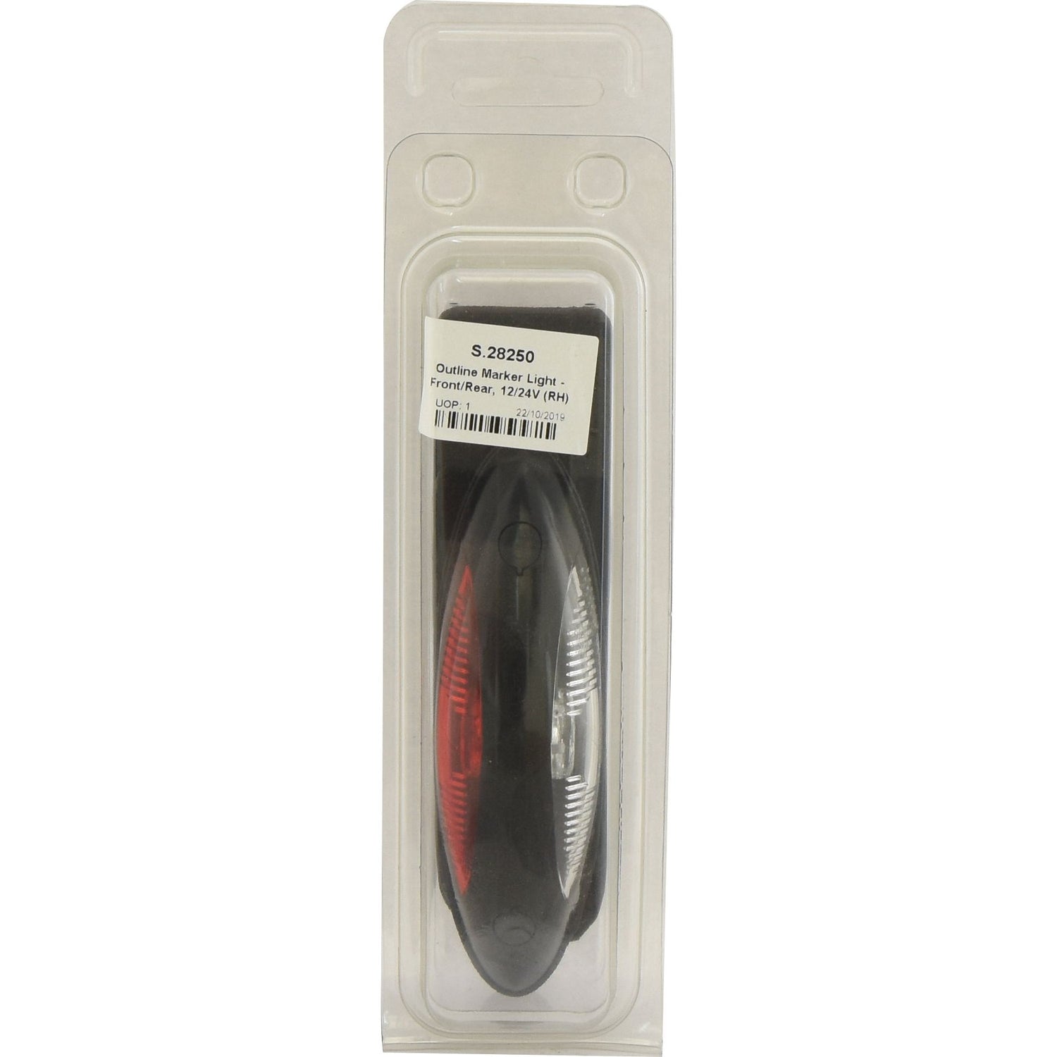 A black LED outline front/rear-facing marker light by Sparex, packaged in clear plastic and featuring red and white lenses, comes with a label that reads "S.28250 Outline Marker Light" along with product details. Suitable for various applications, the packaging provides comprehensive product specifications for 12/24V use.