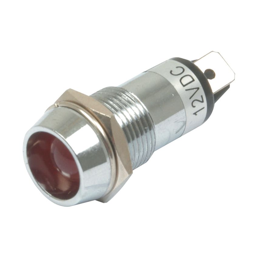 The Sparex LED Panel and Dashboard Light - S.20971 is a sealed unit featuring a metallic round indicator light with a red lens labeled "12VDC" on its side. This LED light includes a threaded section and electrical connectors at the top.