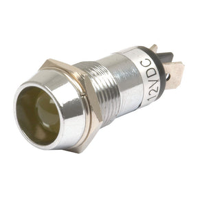 A Sparex LED Panel and Dashboard Light (S.20973) is a cylindrical metal indicator light labeled "12VDC," featuring an amber glow and three pins at the back.