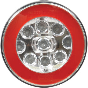 Close-up of the Sparex LED Rear Combination Light, featuring nine individual LEDs arranged in a hexagonal pattern and enclosed by a red ring. Suitable for various vehicle models, this design provides optimal visibility and safety for both tail and fog light functions. The durable light operates efficiently between 12-36 volts. Model: S.143052 (RH & LH).