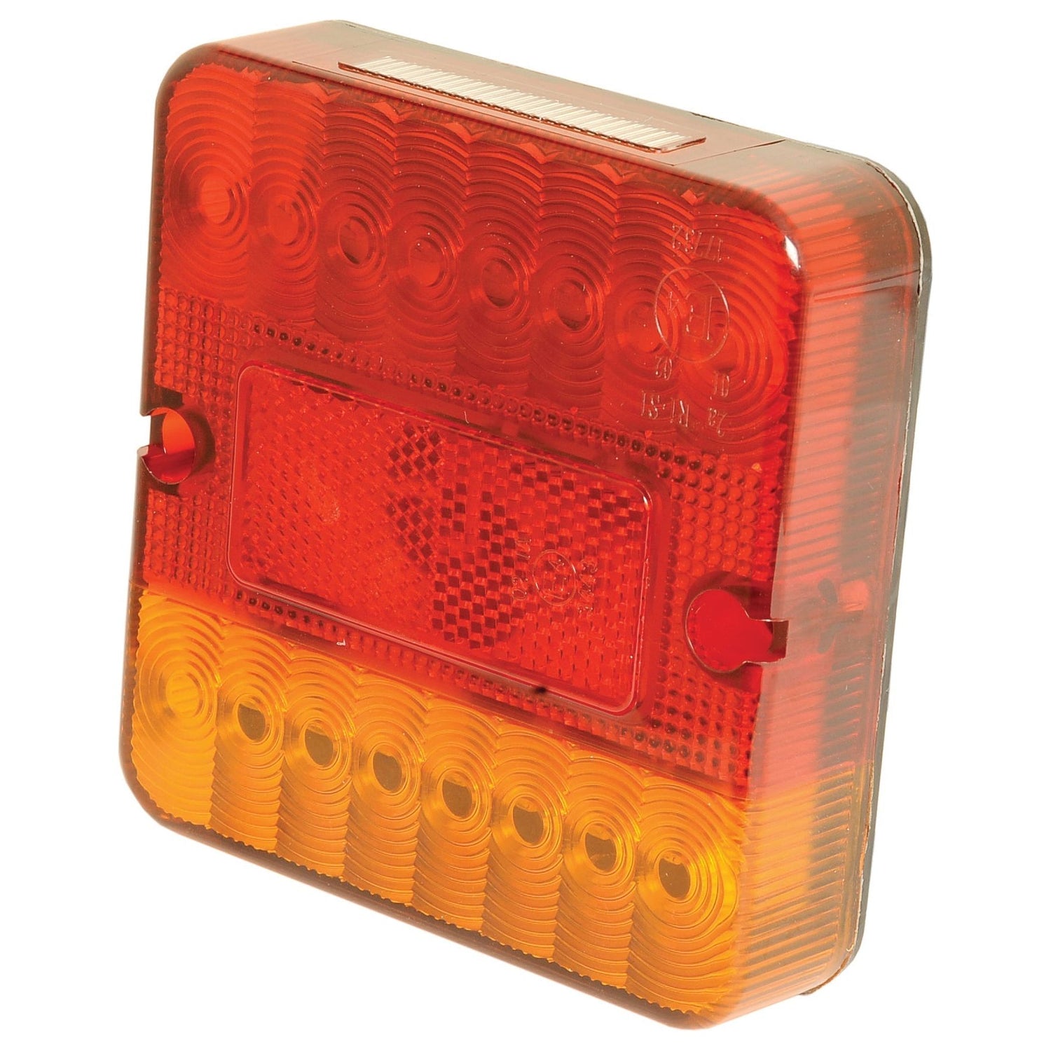Close-up of the Sparex LED Rear Combination Light for vehicle tail lights featuring multiple circular patterns on its rectangular amber and red surface, with an IP68 Rating ensuring durability in any weather. This 12V light serves four functions: Brake, Tail, Indicator, and Number Plate illumination. It is suitable for both right-hand (RH) and left-hand (LH) installation.