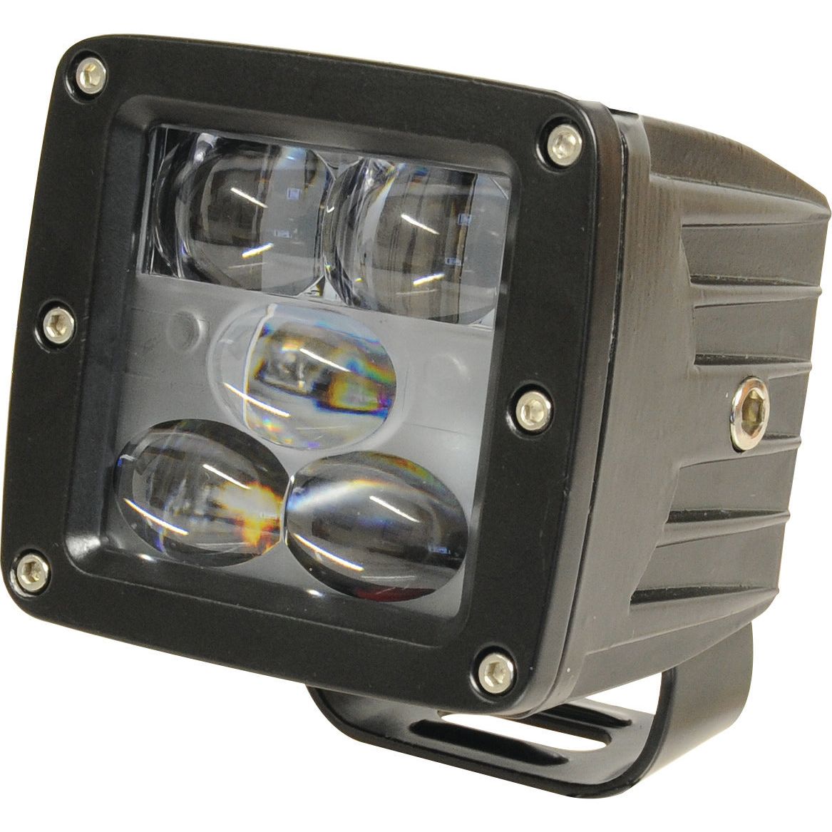The Sparex LED Red Work Light for Forklift Danger Area, encased in a black metal housing with four lenses and secured by four screws at each corner, boasts an IP69K rating for supreme durability and offers 120 lumens of raw light output.