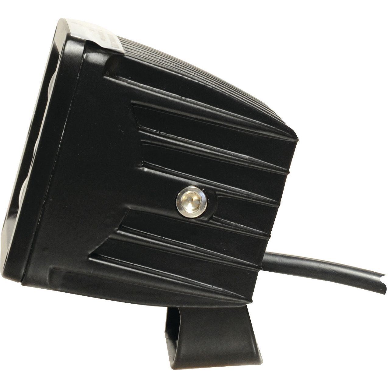 Side view of the LED Red Work Light for Forklift Danger Area by Sparex, featuring a black ribbed design with an aluminum housing, mounting bracket, and attached black cable. This fixture delivers 120 lumens raw and boasts an IP69K rating for superior durability, operating within a voltage range of 10-80V.