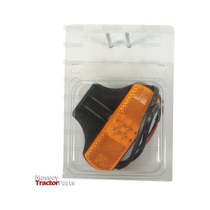 Packaged reflector light with an amber lens and black casing, labeled "Sparex" and "Massey Tractor Parts," featuring a 12/24V LED side marker light, product name: LED Side Facing Marker Light, Sparex Part No. S.27207.