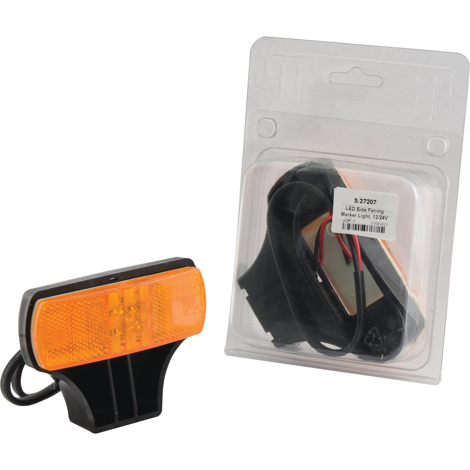 A packaged Sparex LED Side Facing Marker Light, 12/24V (Part No. S.27207) with an orange lens is displayed next to an unwrapped identical light. The packaging includes necessary mounting accessories.