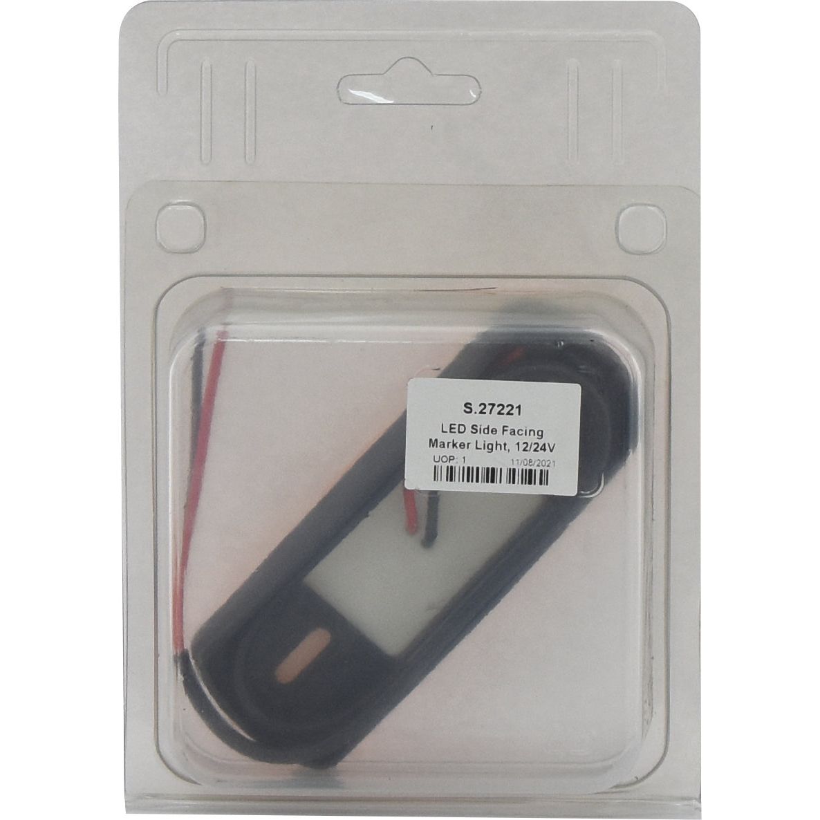 The Sparex LED Side Facing Marker Light, model S.27221, featuring a 12/24V option and an amber lens, is displayed in a clear plastic case with a label on the front.