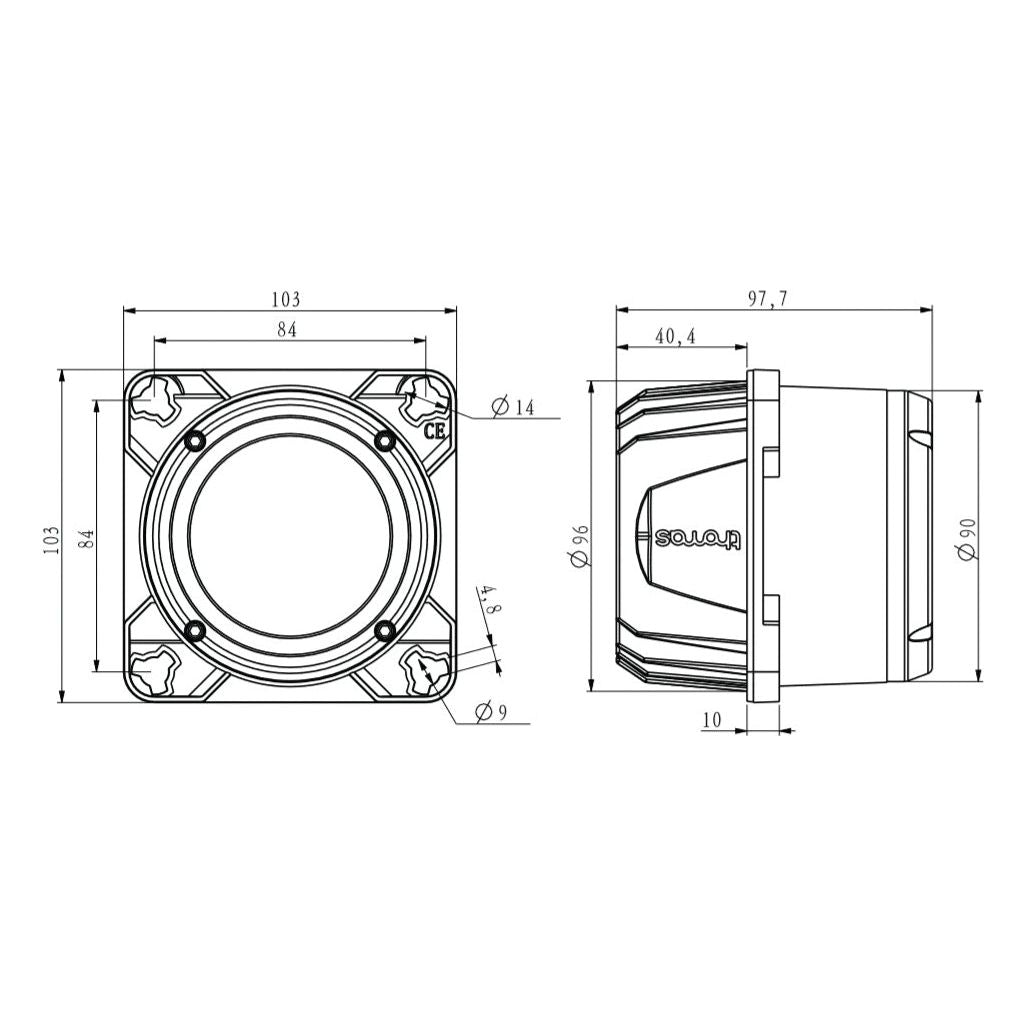 The technical drawing of a mechanical part with dimensions illustrates the LED Work Light (Cree High Power) by Sparex, designed for class 3 interference and delivering 3000 lumens raw within a 10-36V range, product code S.153707. This part includes both circular and rectangular elements with measurements labeled, such as 103mm x 103mm, 97.7mm, and 40.4mm. Additionally, it specifies an integrated two-pin Deutsch connector to ensure IP68 compliance.