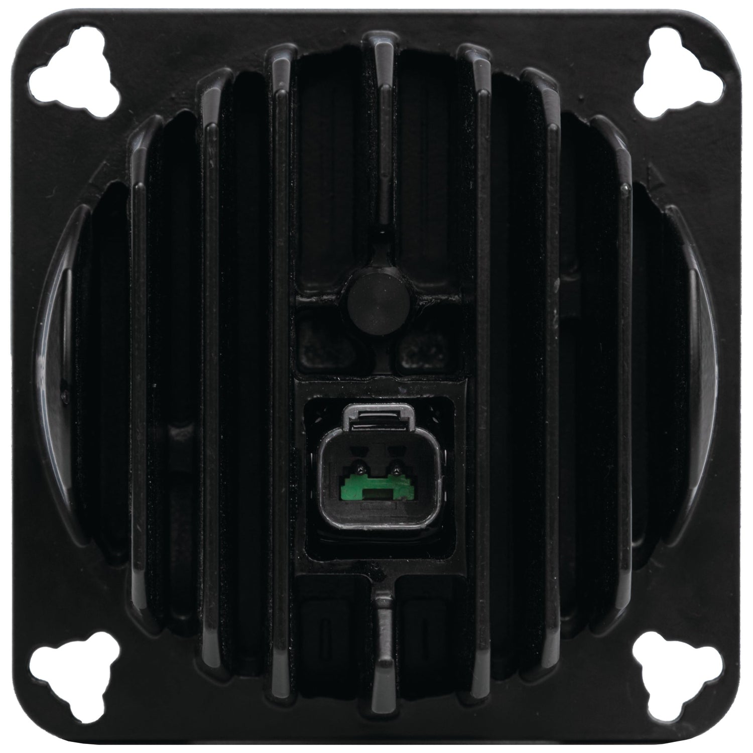 Close-up of the Sparex LED Work Light (Cree High Power), a black electronic device with a heat sink design, featuring an integrated 2 pin Deutsch connector in the center and four mounting holes on the corners.