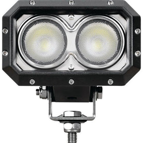 Close-up of the Sparex LED Work Light (Cree High Power), featuring a black, dual-lens design with a rectangular housing and silver mounting bracket. With 6000 Lumens Raw and a voltage range of 10-60V, this Class 3 interference work light is suitable for various environments, combining durability with high-performance illumination.