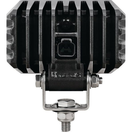 A close-up view of the rectangular, metal heat sink with vertical fins and mounting hardware attached at the bottom of the Sparex LED Work Light (Cree High Power), Interference: Class 3, 6000 Lumens Raw, 10-60V - S.130031 highlights its design suitability for various cooling applications, ensuring efficient heat dissipation.