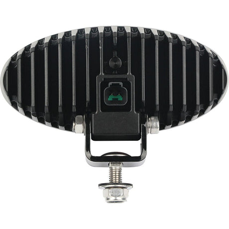 Rear view of the Sparex LED Work Light (Cree High Power, S.130024) with its oval-shaped design, heat dissipation fins, power connector port, and mounting bracket with bolts. Suitable for various applications due to its robust construction and Class 3 interference rating.