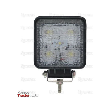 The square-shaped Sparex LED Work Light, featuring a clear lens and four powerful LED bulbs, emits 1800 lumens of raw light and operates on 10-30V. It's securely mounted to a metal bracket with a bolt, making it suitable for various agricultural vehicles. This product meets Class 1 interference standards (S.29318).