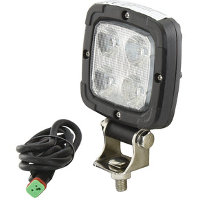 The Sparex LED Work Light (S.139690) is a square-shaped unit featuring four LED bulbs with a protective cover, mounted on a durable metal bracket. Accompanying the light is a coiled black cable, which ends in a green and red connector. Suitable for various industrial applications, this 1800-lumen work light ensures durability and reliability in tough conditions and operates within a voltage range of 10-80V as an interference Class 1 product.