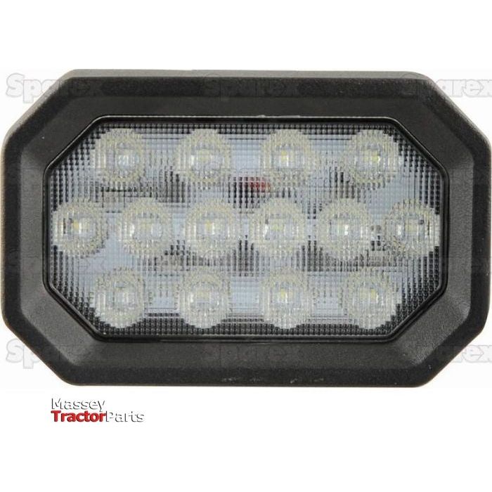 A rectangular, black-framed LED work light by Sparex featuring multiple small bulbs arranged in a grid pattern. The words "Massey Tractor Parts" are visible on the bottom left corner. This John Deere compatible LED work light, classified as Class 3 interference and emitting 2800 lumens raw between 10-30V, also features a Delphi Connector for easy installation.
