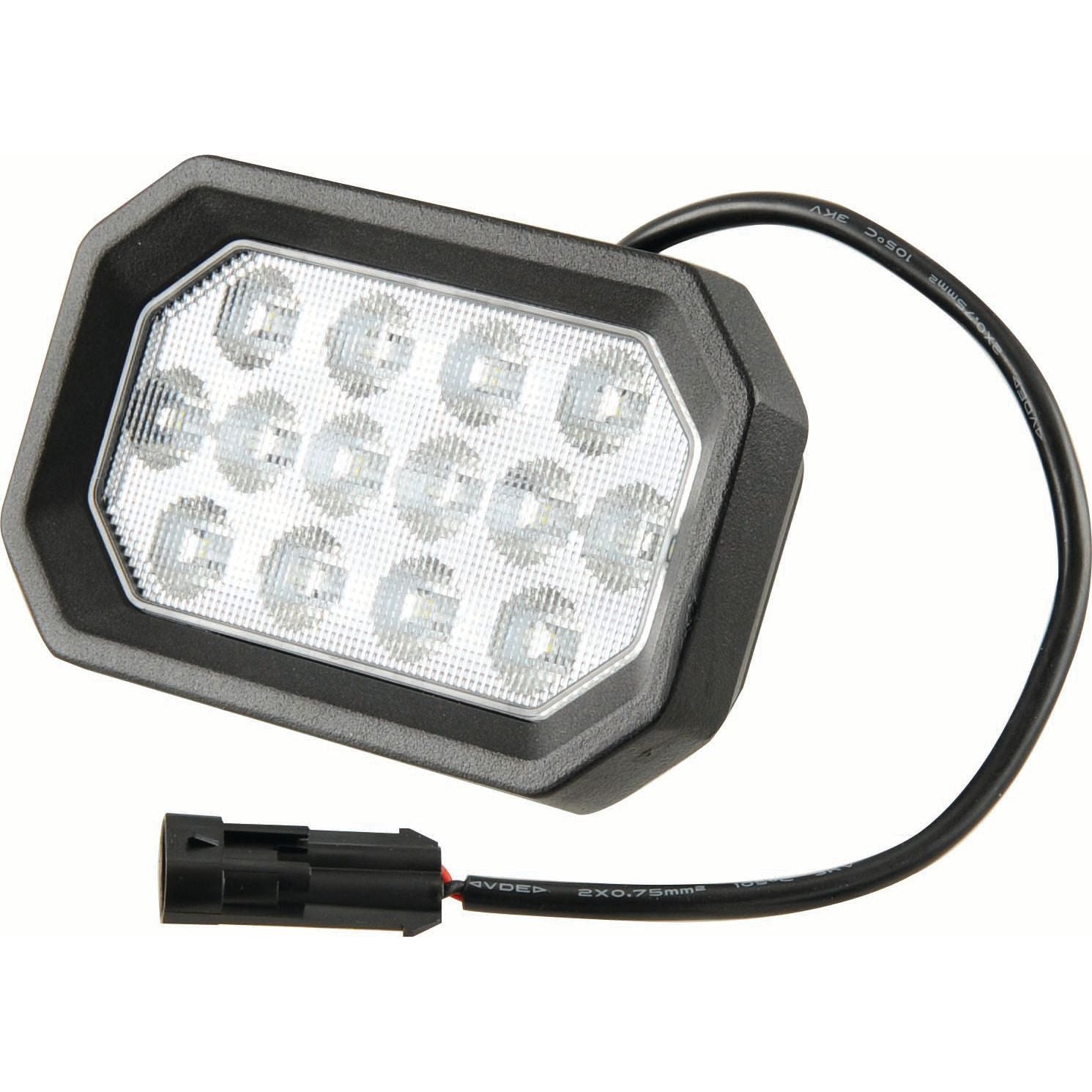 Introducing the Sparex LED Work Light, boasting an interference Class 3, and delivering a powerful 2800 Lumens raw output. Designed for versatility with a voltage range of 10-30V, this rectangular light features a sleek black housing encasing 12 individual LED bulbs. It connects seamlessly to your equipment with its black power cable equipped with a Delphi Connector and is fully compatible with John Deere machinery for effortless integration.
