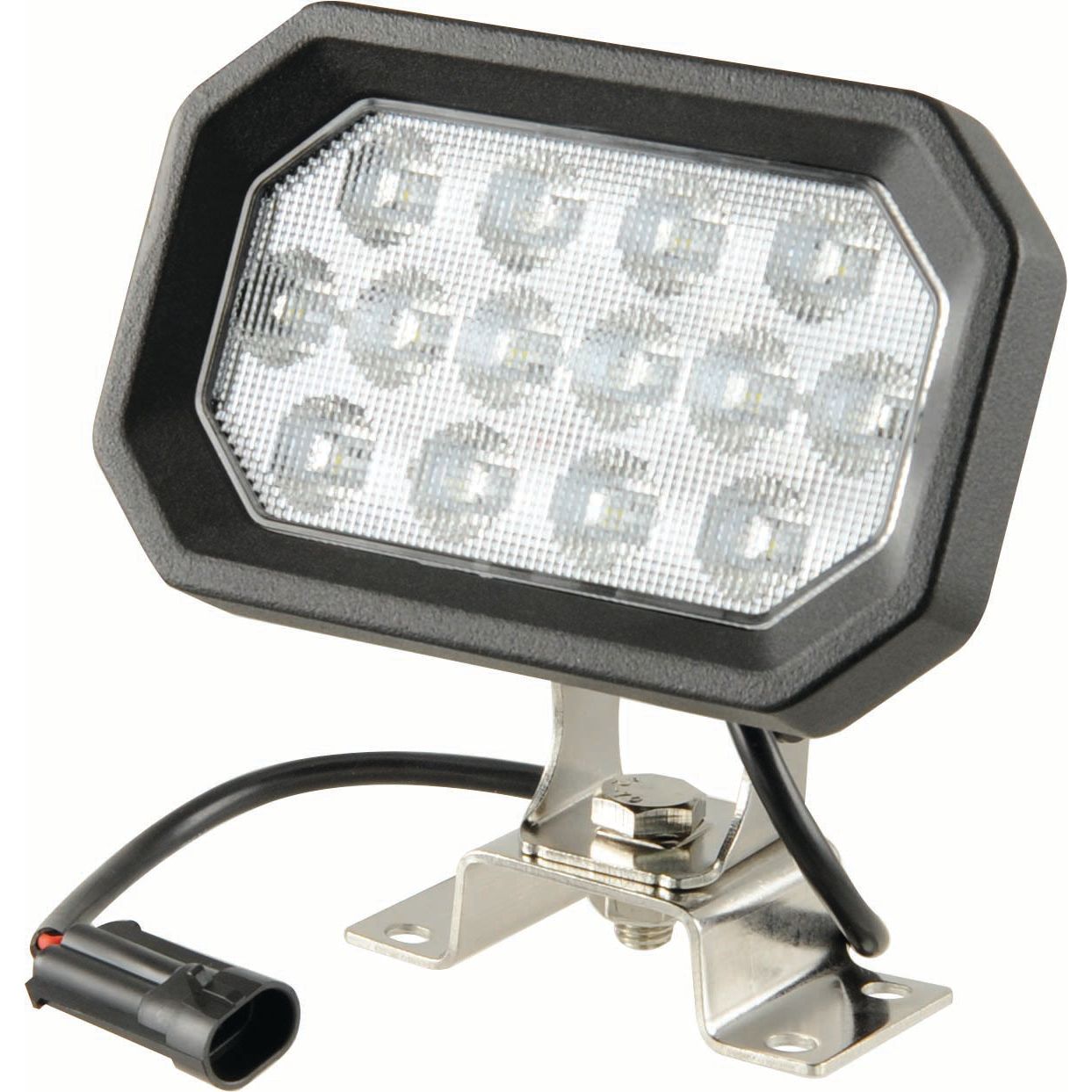 The Sparex LED Work Light, featuring Class 3 interference protection and delivering 2800 lumens of raw output, comes in a sturdy black plastic rectangular casing. It is equipped with multiple bulbs and a metal mounting bracket at the bottom for secure installation. The work light includes a Delphi Connector for reliable power attachment and is John Deere compatible, ensuring easy integration into your equipment. This model operates on 10-30V power (S.151847).