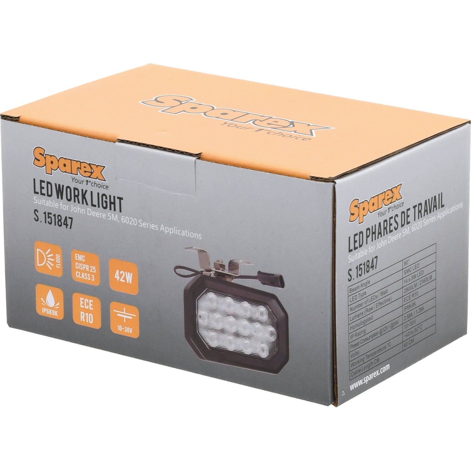 The Sparex LED Work Light, product number S.151847, designed for John Deere 5M and 6020 series applications, comes in a boxed package. It features a Delphi Connector and boasts specifications of 42W power consumption, EMC CISPR25 Class 3 interference rating, ECE R10 compliance, and an IP68 rating.