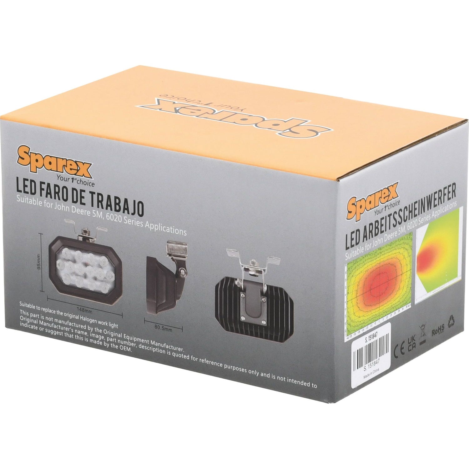 Box labeled "Sparex LED Work Light, Interference: Class 3, 2800 Lumens Raw, 10-30V () - S.151847" with product images and details, featuring a John Deere compatible LED light, suitable for 5M and 6020 Series applications.
