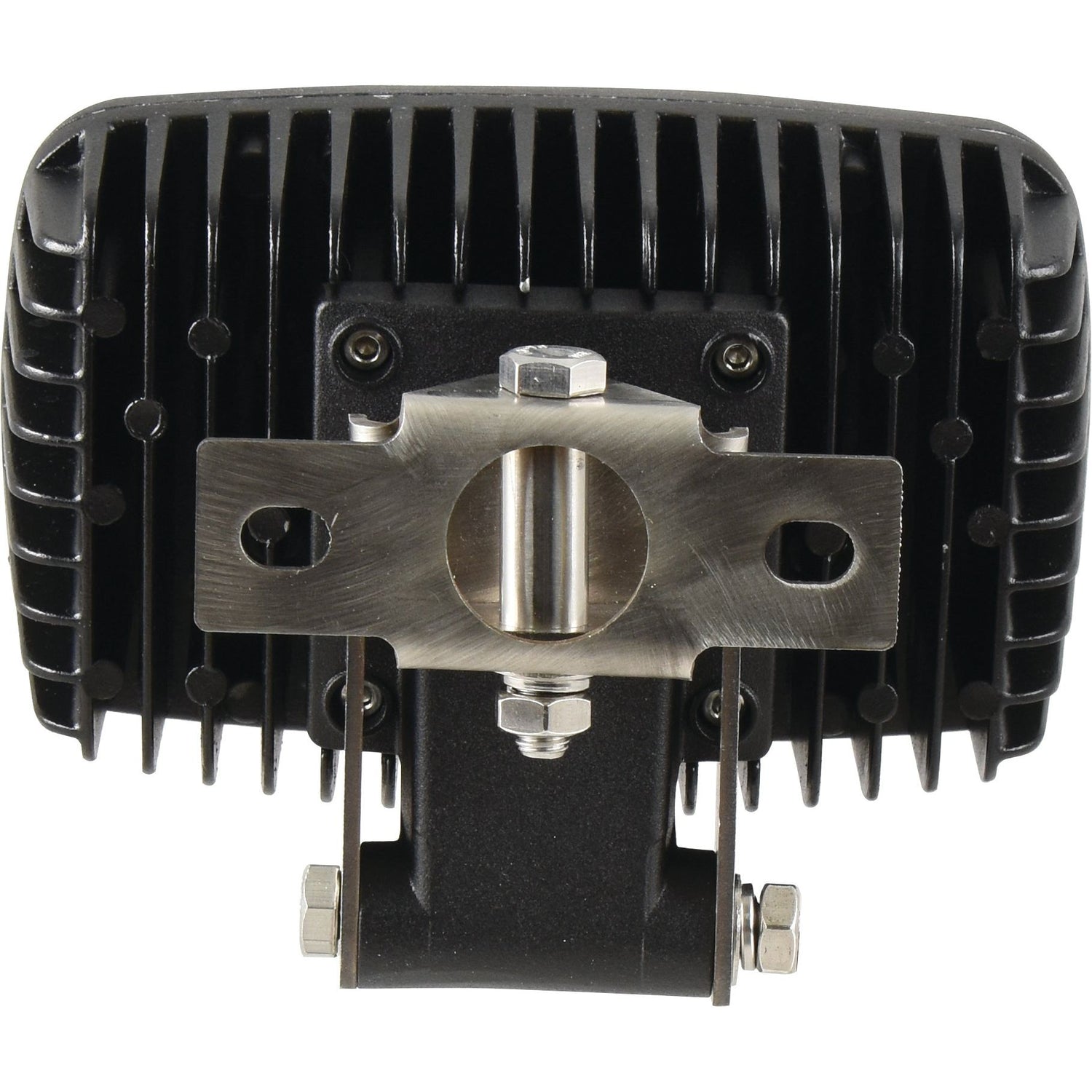 Rear view of the Sparex LED Work Light (S.151854) with a finned heat sink and mounting bracket, showcasing its structure and attachment hardware. This Class 3 interference-rated flood beam ensures durability in harsh environments while delivering 6600 lumens of raw light output at 10-30V.