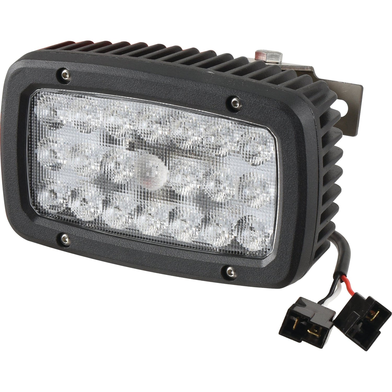 The Sparex LED Work Light, model S.151854, featuring Class 3 interference and delivering 6600 lumens raw, is designed with a black housing, cooling fins, multiple LED bulbs, and a wiring harness with connectors. It offers an impressive flood beam pattern and boasts an IP6K9K rating for superior durability at 10-30V.