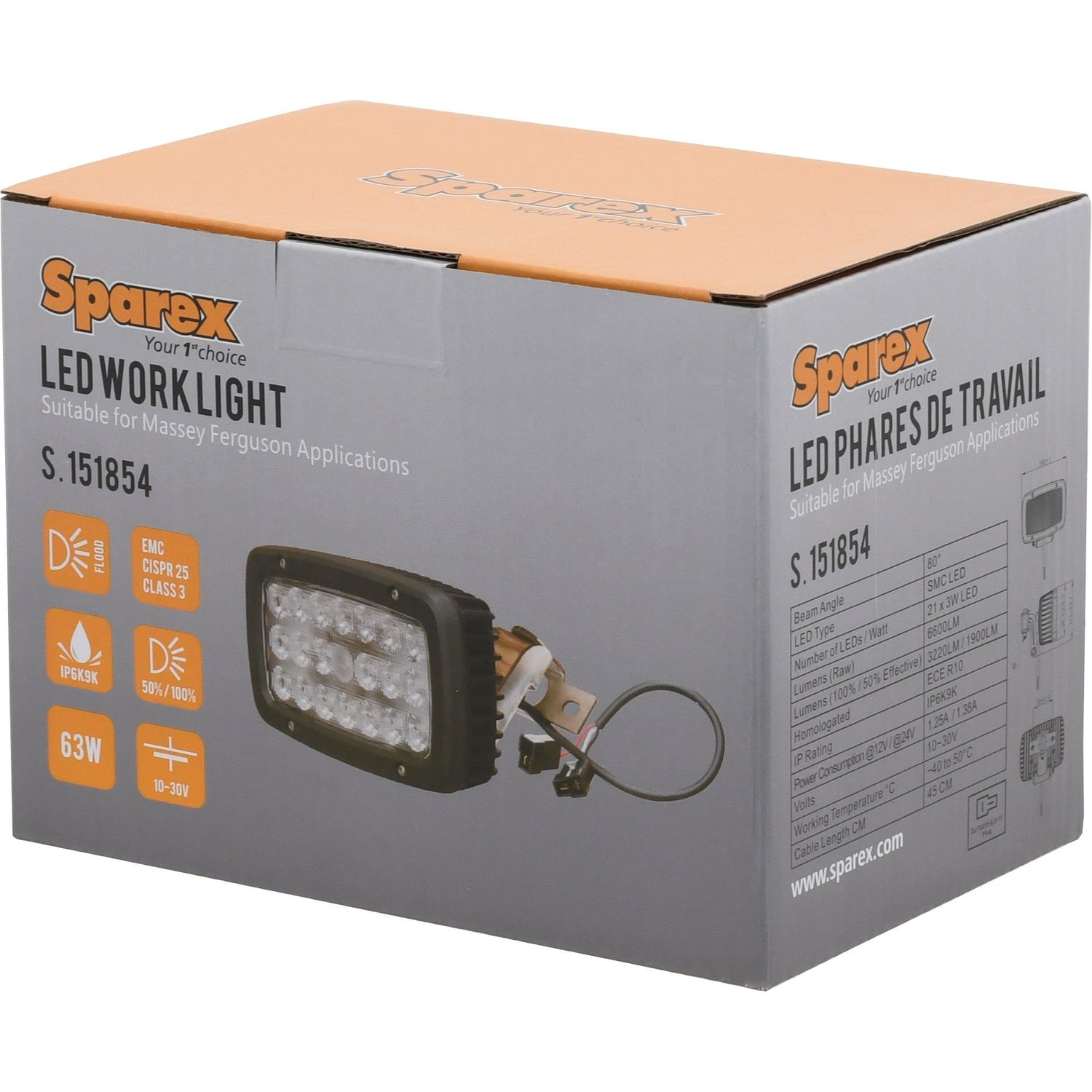 The box packaging for the Sparex LED Work Light, model S.151854, with Flood Beam and Interference: Class 3, suitable for Massey Ferguson applications. The orange and grey box features product images and specifications, including its IP6K9K rating and a brightness of 6600 Lumens Raw.