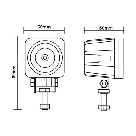 Technical drawing of the Sparex LED Work Light, with dimensions: front view width 50mm, height 89mm, side view width 60mm. It features an aluminium housing and an integrated LED light generating 750 lumens raw at a voltage range of 10-80V.