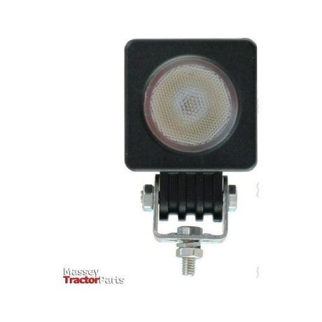 A square LED work light with an aluminium housing, mounting bracket, and screw, suitable for tractors. The brand logo "Sparex" is visible in the lower left corner. With an IP67 rating, this durable light ensures reliable performance even in harsh conditions. It offers 750 lumens of raw brightness and operates within a voltage range of 10-80V (Product: LED Work Light - S.24775).