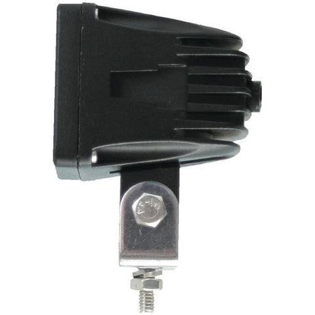 Side view of the Sparex LED Work Light (S.24775), showcasing a black aluminium housing with heat sink, and a metal mounting bracket secured by a bolt and nut. The unit features an IP67 rating for durability and provides 750 lumens of raw power, operating within a 10-80V range.