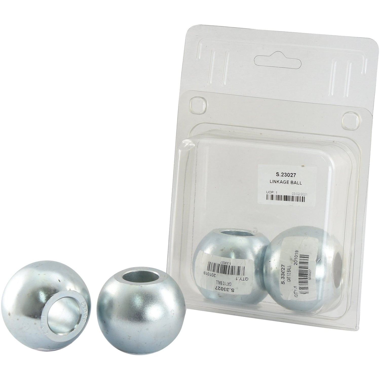 Two metallic linkage balls, made from robust 16MnCr5 Steel, are positioned outside of the Agripak packaging with one end facing up. Inside the package is a similar linkage ball labeled as LINKAGE BALL - S.23027 by the brand Sparex, along with two barcodes and product information.