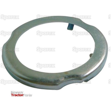 Circular metal lock ring with a tab and notch, placed on a white background. "Sparex" and "Massey Tractor Parts" texts are visible, along with compatibility mentions of Case IH International Harvester. Product Name: LOCK RING FUEL SENDER | Sparex Part No.S.67241.