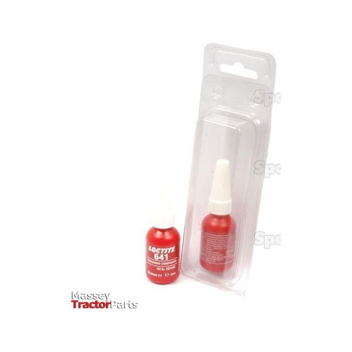 A Bearing Fit 641 - 10ml (S.14955) adhesive bottle with a white cap is shown next to its clear plastic packaging. The red bottle features black and white text, and the brand logo "Sparex" is prominently displayed in the bottom left corner. This medium-strength retaining compound ensures reliable bonding.