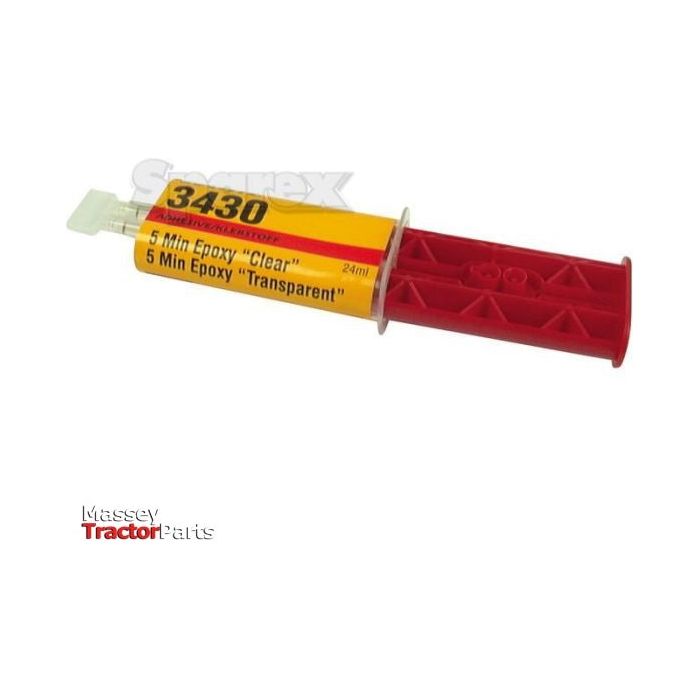 The "Fast Epoxy 3430 - 24ml - S.14769" by Sparex is a double syringe containing a 5-minute, optically clear bond line epoxy. Its exterior features red and yellow colors with a white tab at the end.