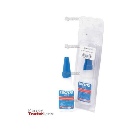 Two bottles of Sparex Super Glue 401 - 20gr (S.14765) adhesive, one small and one long, with blue caps. The smaller bottle is outside while the larger one is inside transparent packaging, displaying product labels. Perfect for universal bonding, this fast-curing instant adhesive ensures a reliable hold every time.
