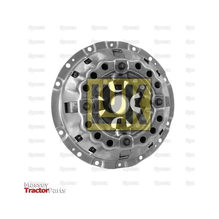 The Clutch Cover Assembly - S.145207, manufactured by Sparex, is a mechanical component with a circular pressed steel structure and numerous drilled holes. It features the letters "LK" in yellow at the center, with faint "Sparex" logos in the background.