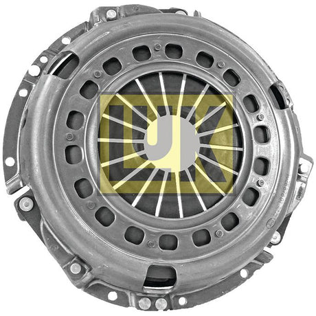 A metallic, pressed steel Sparex Clutch Cover Assembly - S.145223 encircling a central disc with a logo consisting of yellow and black elements.