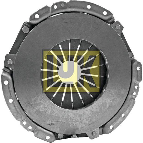 The Clutch Cover Assembly - S.145226 by Sparex is a circular metallic car clutch pressure plate with radial slits around the center, featuring a yellow and gray logo in the middle. This cover ensures durability and reliability.