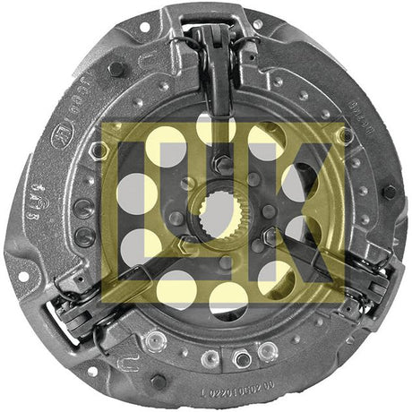 Image of the Clutch Cover Assembly - S.145231 by Sparex, showcasing a metallic automotive clutch plate with multiple bolt holes and spring mechanisms, encased in a robust cast iron housing with a yellow and black LUK logo in the center.