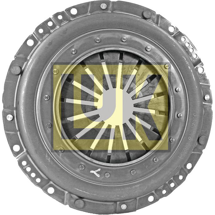 The Clutch Cover Assembly - S.145283 by Sparex is a metal mechanical part crafted from pressed steel, featuring a round, perforated outer edge and inward-pointing, curved segments at its center. The segment ends create a circular opening in the middle, making it ideal as a single cover for various applications.