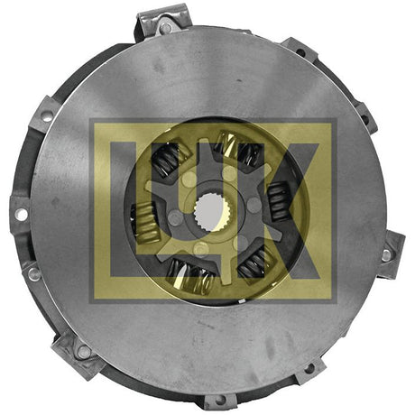 Close-up of a Sparex Clutch Cover Assembly - S.145291, showcasing a metallic pressure plate with a central yellow highlighted gear mechanism and surrounding springs, featuring a cast iron single cover.