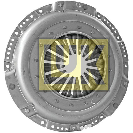 The Clutch Cover Assembly - S.145307 from Sparex is displayed. This automotive clutch plate features a 350mm cover and a layered design. Made from pressed steel, the circular plate boasts intricate detailing and is encircled by a grid of holes on its outer rim.