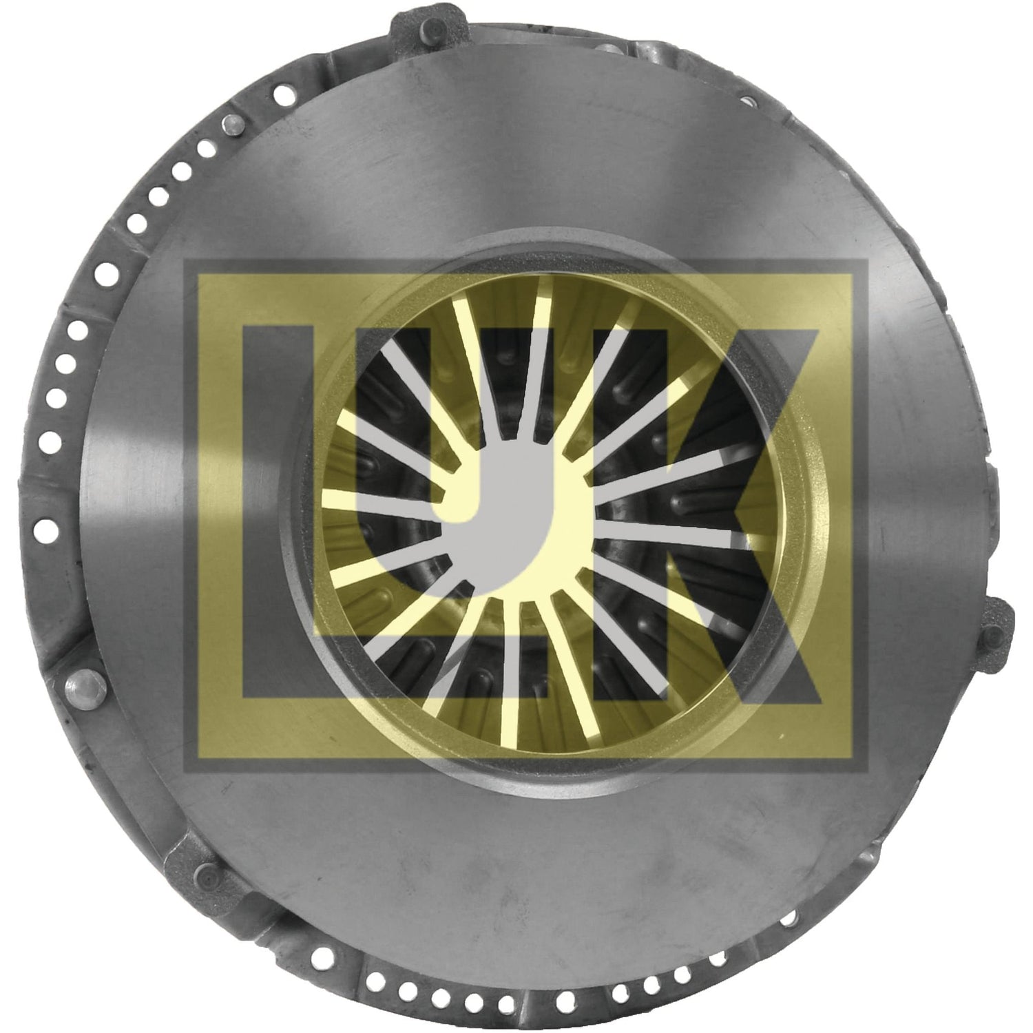 The Clutch Cover Assembly - S.145312 by Sparex, made from pressed steel, features a yellow and black logo. The cover has multiple round cutouts along the edge and radial slots at the center.