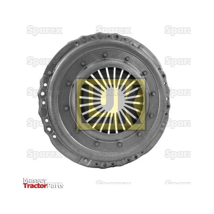 The Clutch Cover Assembly - S.145318 from Sparex is a round, pressed-steel component featuring multiple rivet holes and a central spring mechanism, commonly used in tractors.