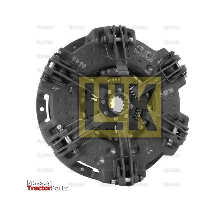 Close-up of a Sparex brand Clutch Cover Assembly - S.145373 on a white background, annotated with "Sparmax" and "Massey Tractor Parts" insignias in the corners. The cerametallic captive disc design ensures durability and efficiency.